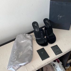 Giuseppe Zanotti sandals heels Vernice black Swarovski crystal black square toe